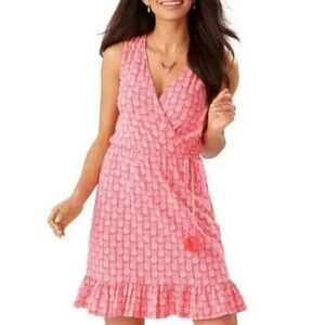 Tommy Bahama Women's Coral Pineapple Print Surplice Neck Wrap Dress Size…